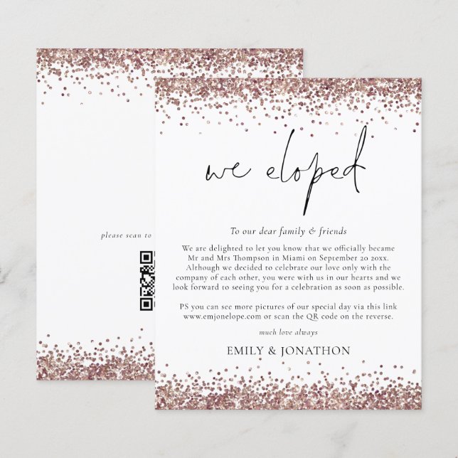 Budget Rose Gold Glitter QR Code Script We Eloped (Front/Back)