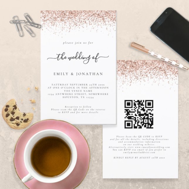 Budget Rose Gold Glitter QR Code Wedding Invite (Creator Uploaded)