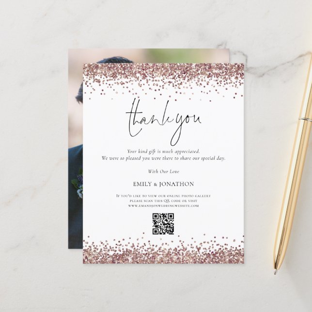 Budget Rose Gold Glitter QR Code Wedding Thank You (Front/Back In Situ)