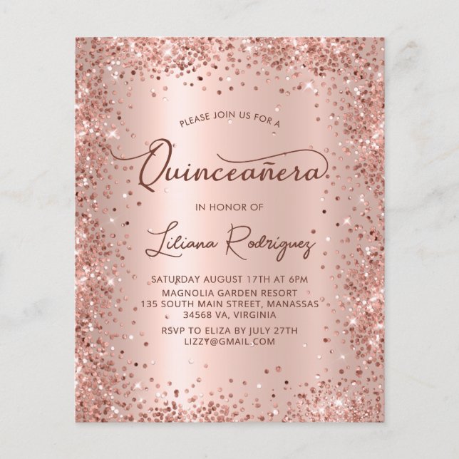 Budget Rose Gold Glitter Quinceanera Invitation (Front)