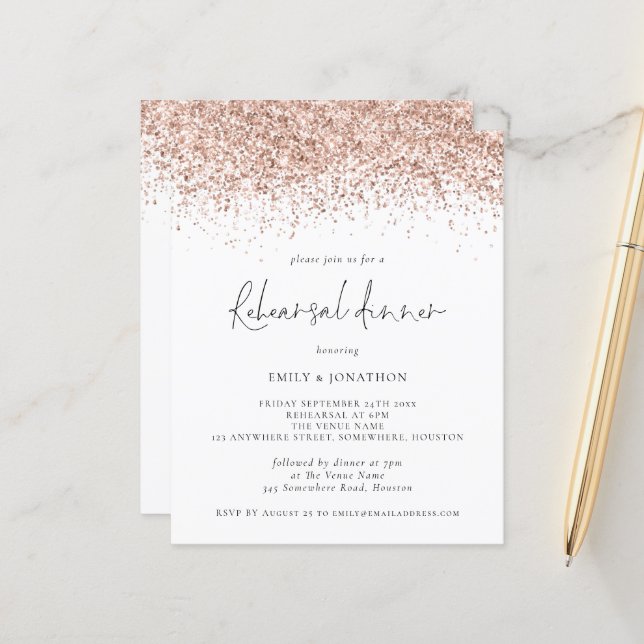 Budget Rose Gold Glitter Rehearsal Dinner Invite (Front/Back In Situ)
