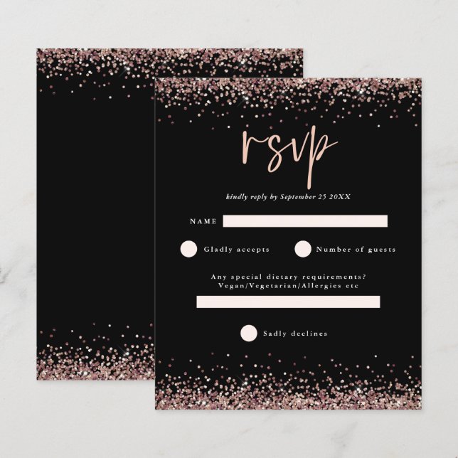 Budget Rose Gold Glitter Script Black  RSVP (Front/Back)