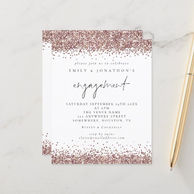Budget Rose Gold Glitter Script Engagement Invite (Front/Back In Situ)