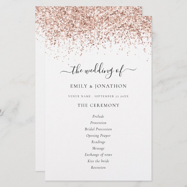 Budget Rose Gold Glitter Script Wedding Program (Front/Back)