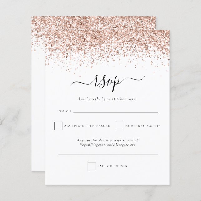 Budget Rose Gold Glitter script Wedding RSVP (Front/Back)
