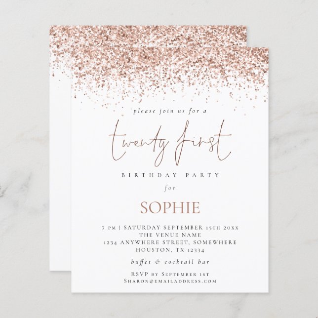 Budget Rose Gold Glitter Twenty First Party Invite (Front/Back)