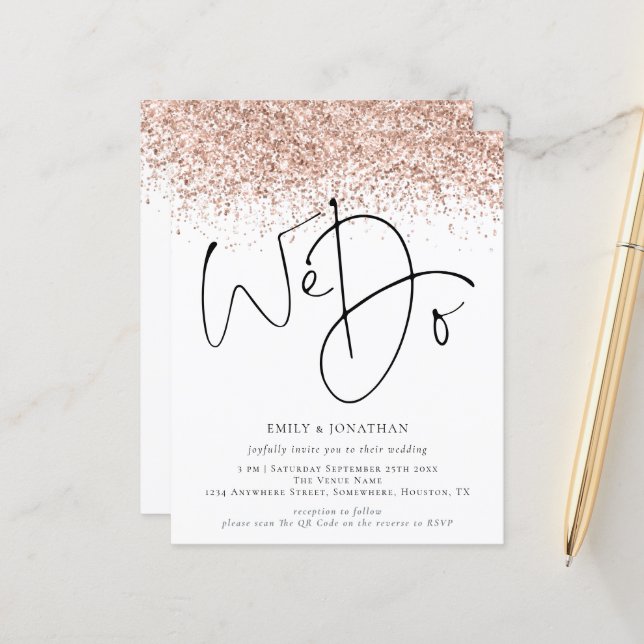 Budget Rose Gold Glitter We Do QR Wedding Invite (Front/Back In Situ)