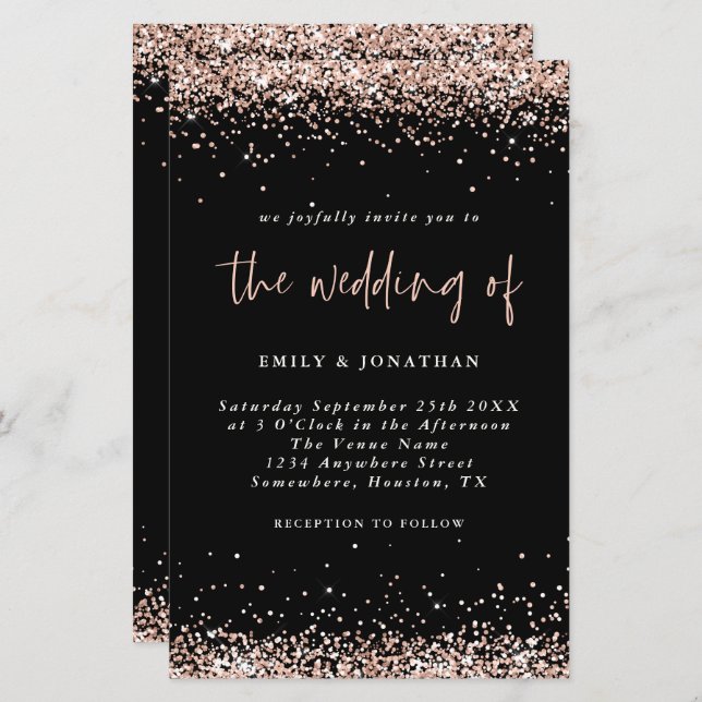 Budget Rose Gold Glitter Wedding Black Invitation (Front/Back)