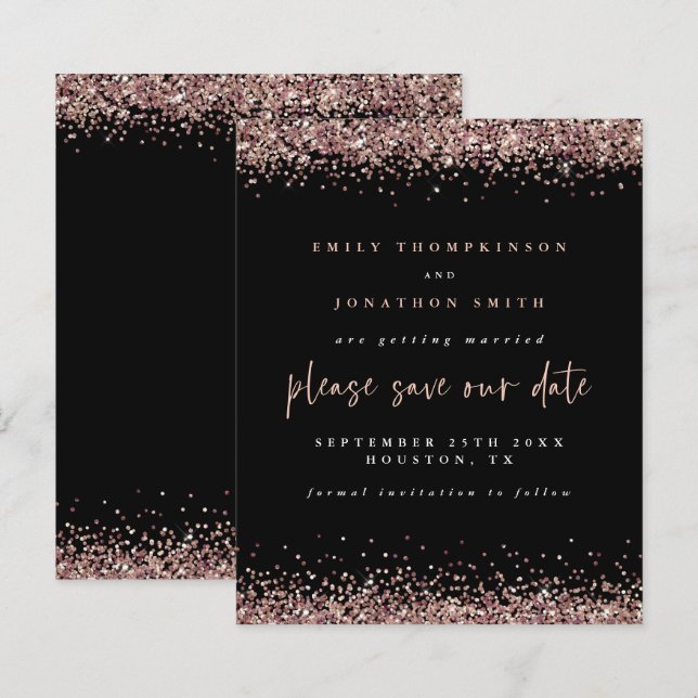 Budget Rose Gold Glitter Wedding Black Save Date (Front/Back)