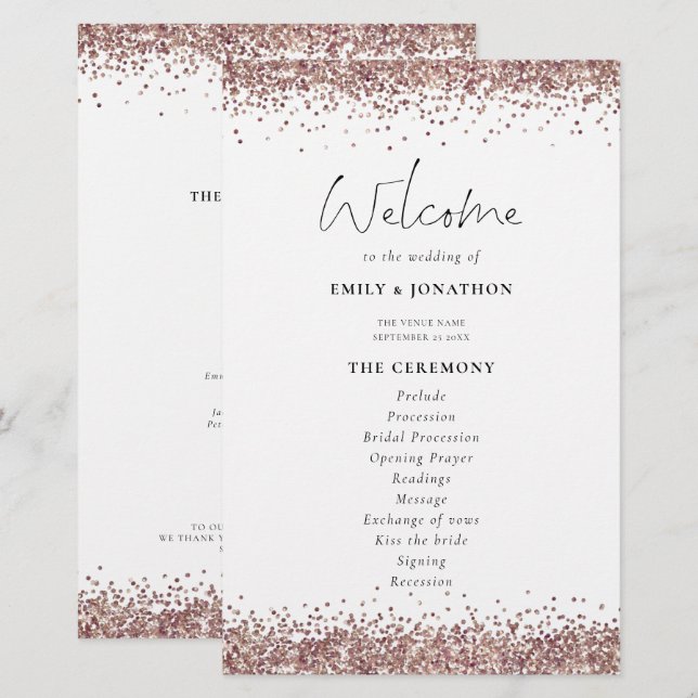 Budget Rose Gold Glitter Wedding Program White (Front/Back)