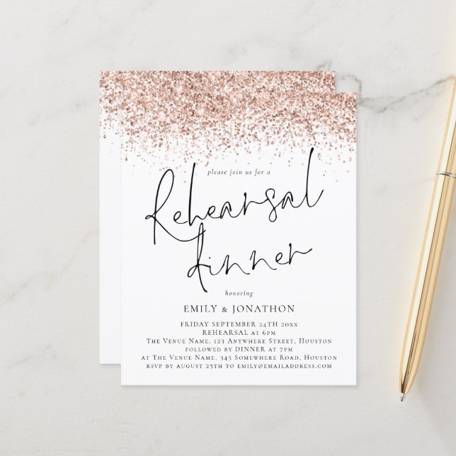 Budget Rose Gold Glitter Wedding Rehearsal Dinner (Front/Back In Situ)