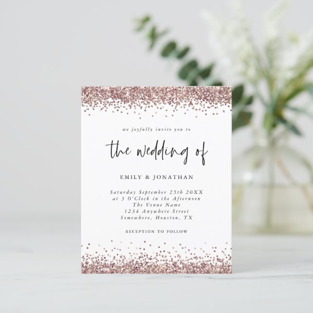 Budget Rose Gold Glitter Wedding White Invitation (Standing Front)
