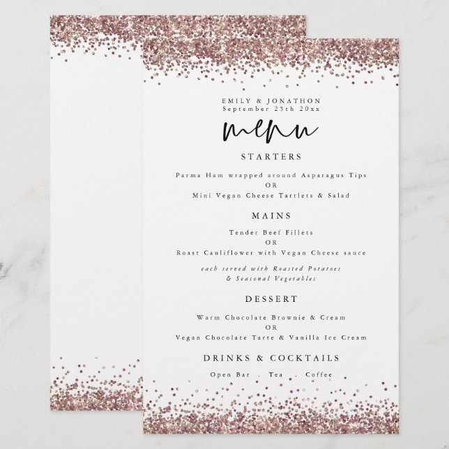 Budget Rose Gold Glitter Wedding White Menu (Front/Back)