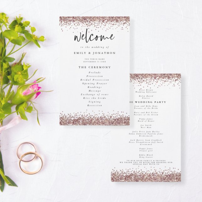 Budget Rose Gold Glitter White Wedding Program (Creator Uploaded)
