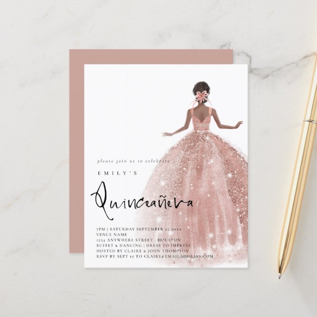 Budget Rose Gold Gown Dark Hair QR Quinceañera (Front/Back In Situ)