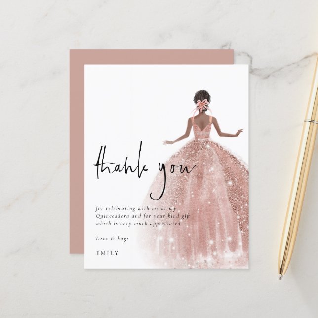 Budget Rose Gold Gown Dark Hair Quinceañera Thanks (Front/Back In Situ)