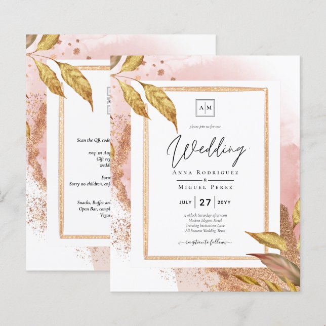 BUDGET Rose Gold Leaves Wedding Invite QR Code (Front/Back)