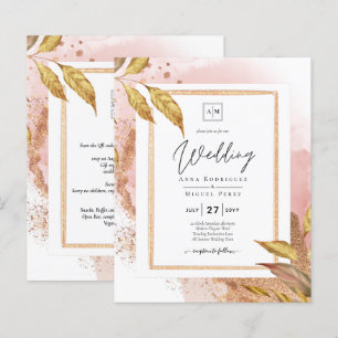 BUDGET Rose Gold Leaves Wedding Invite QR Code