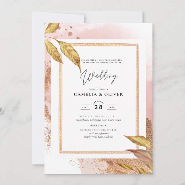 BUDGET Rose Gold Leaves Wedding Invite QR Code (Front)
