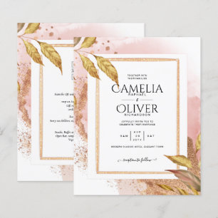 BUDGET Rose Gold Leaves Wedding Invite QR Code