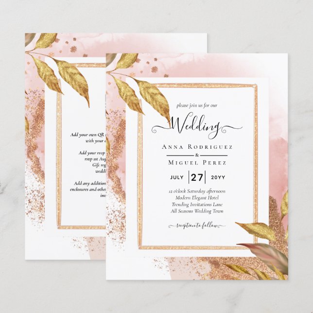 BUDGET Rose Gold Leaves Wedding Invite QR Code (Front/Back)