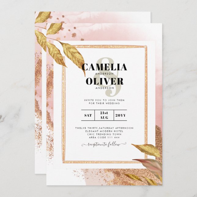 BUDGET Rose Gold Leaves Wedding Invite QR Code (Front/Back)