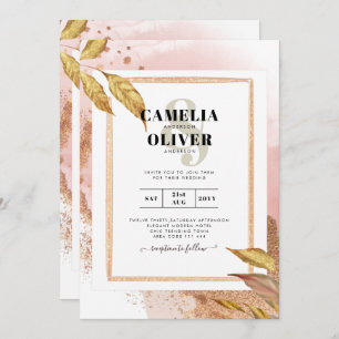 BUDGET Rose Gold Leaves Wedding Invite QR Code
