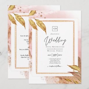 BUDGET Rose Gold Leaves Wedding Invite QR Code