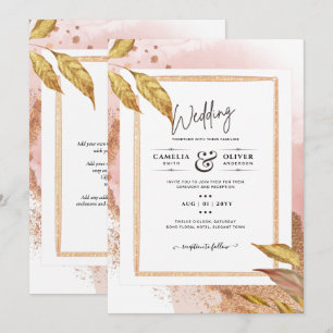 BUDGET Rose Gold Leaves Wedding Invite QR Code