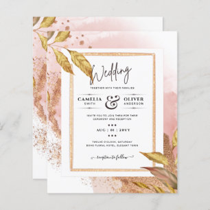 BUDGET Rose Gold Leaves Wedding Invite QR Code