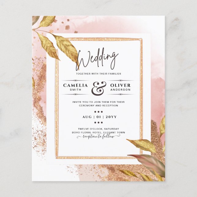 BUDGET Rose Gold Leaves Wedding Invite QR Code Flyer (Front)