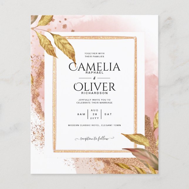 BUDGET Rose Gold Leaves Wedding Invite QR Code Flyer (Front)