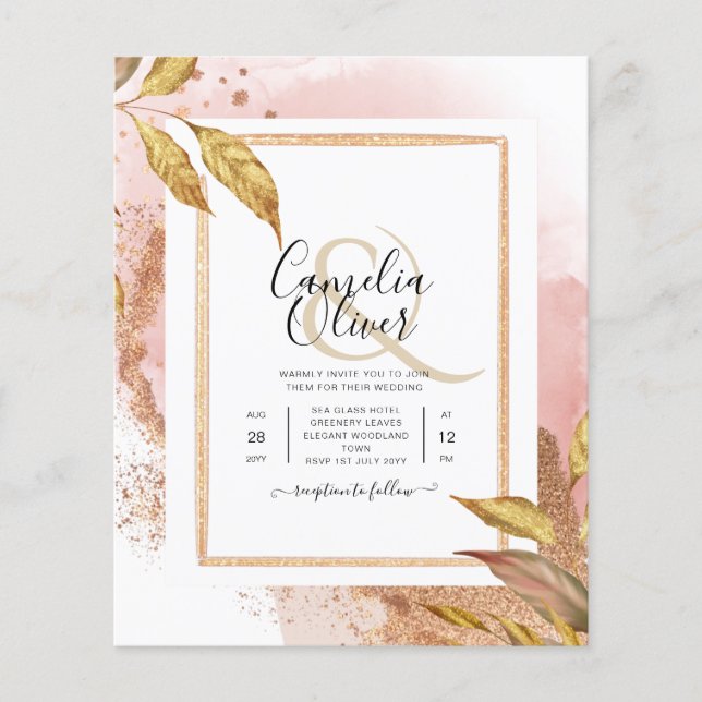 BUDGET Rose Gold Leaves Wedding Invite QR Code Flyer (Front)