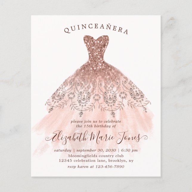 Budget Rose Gold Pink Dress QUINCEAÑERA Birthday (Front)