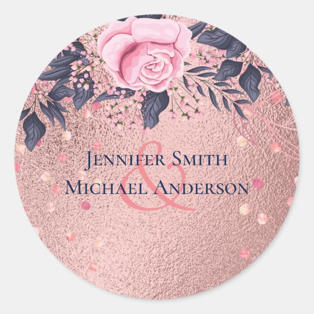 BUDGET Rosegold Blue Pink WEDDING Girly Glam Classic Round Sticker (Front)
