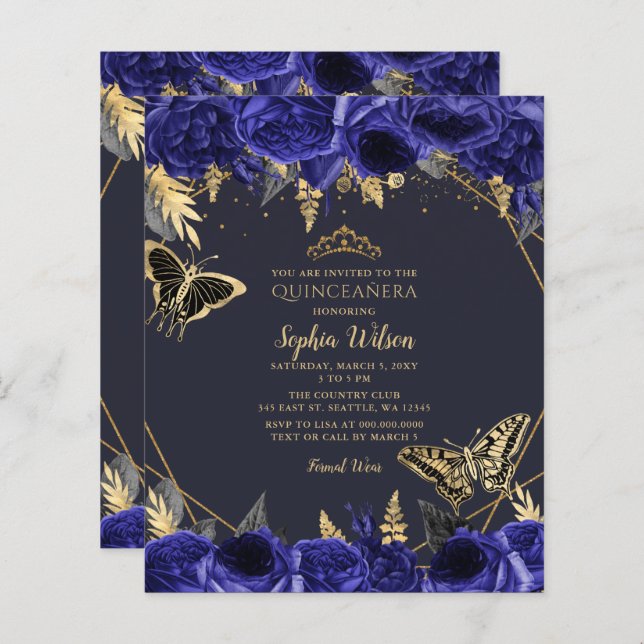 Budget Royal Blue Butterfly Quinceañera Invitation (Front/Back)