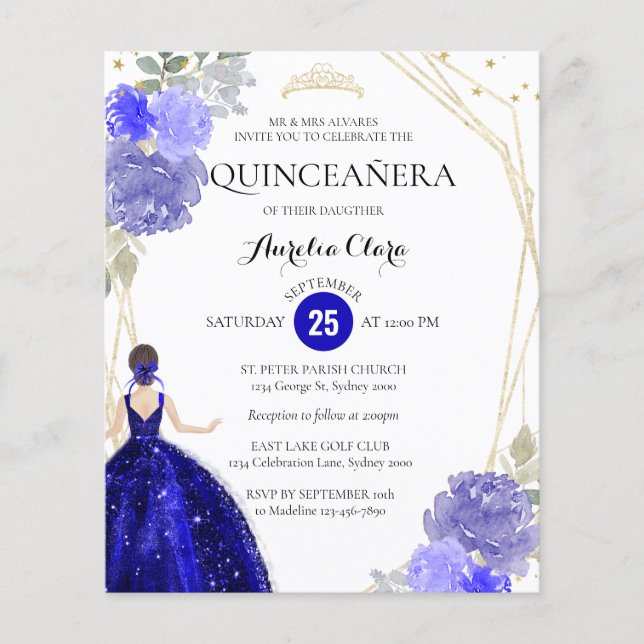  Budget Royal Blue Floral Geometric Quinceañera (Front)