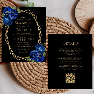 Budget Royal Blue Floral QR Code Black Wedding