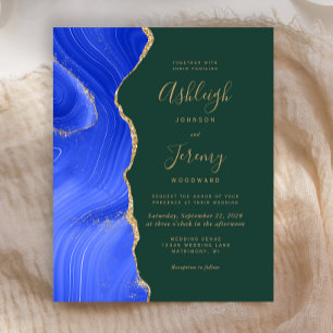 Budget Royal Blue Gold Agate Green Wedding Invite