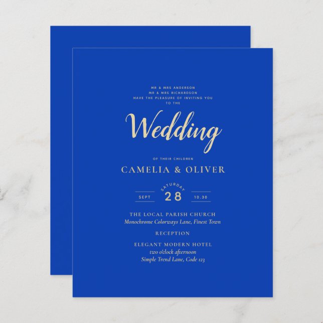 Budget Royal Blue Monochrome Wedding INVITE (Front/Back)