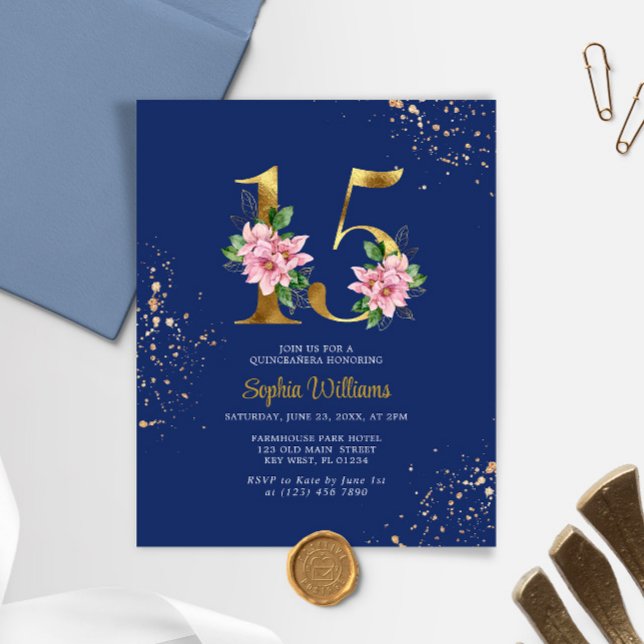 Budget Royal Blue & Pink Quinceañera Invitation (Creator Uploaded)
