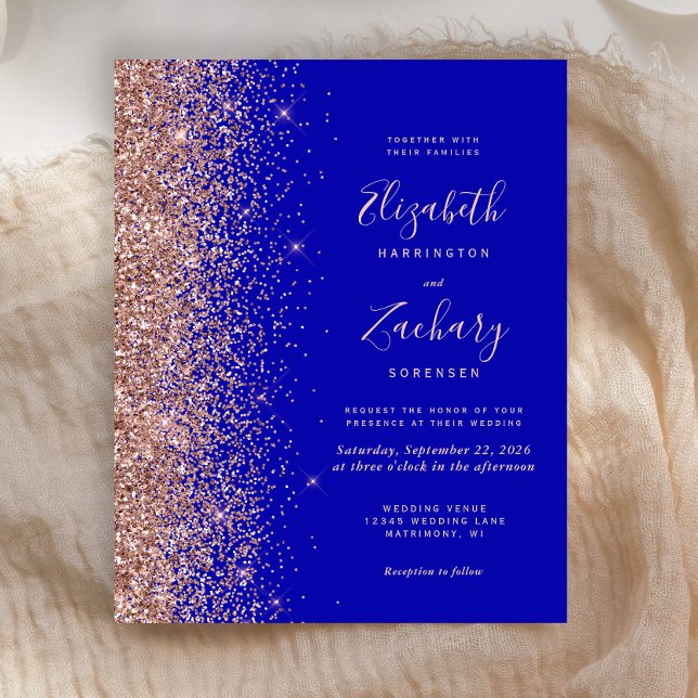Budget Royal Blue Rose Gold Glitter Wedding Invite (Creator Uploaded)