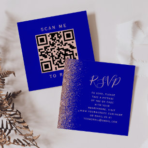 Budget Royal Blue Rose Gold Wedding QR Code RSVP Enclosure Card