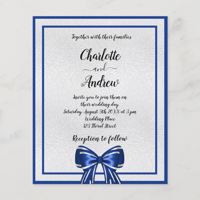 Budget royal blue silver bow wedding invitation (Front)