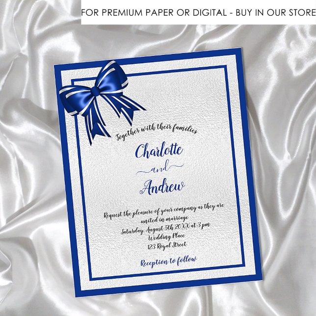 Budget royal blue silver bow wedding invitation (Creator Uploaded)