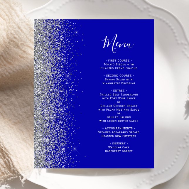 Budget Royal Blue Silver Glitter Edge Wedding Menu (Creator Uploaded)