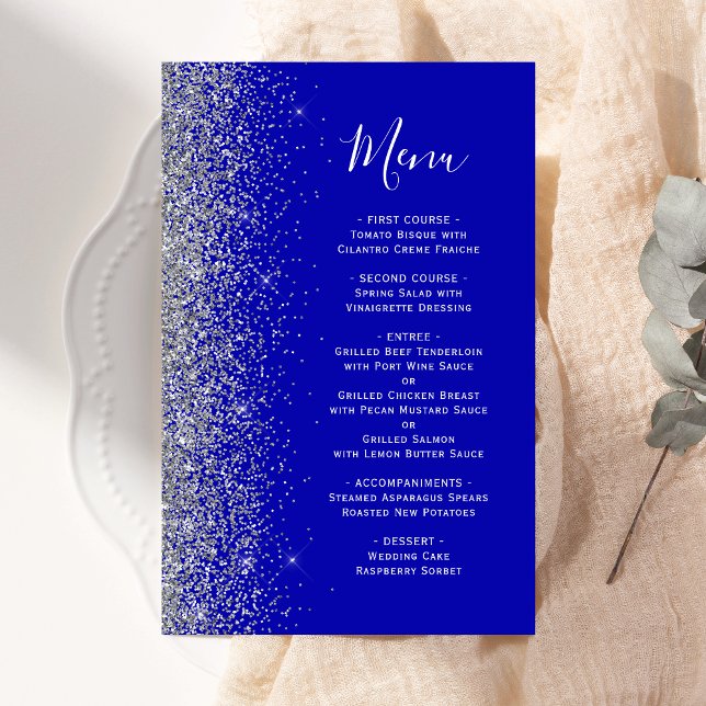 Budget Royal Blue Silver Glitter Wedding Menu (Creator Uploaded)