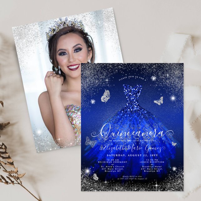 Budget Royal Blue Silver Gown Photo Quince Invite (Creator Uploaded)