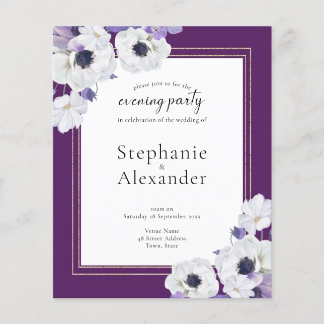 Budget Royal Purple Floral QR Evening Party Invite (Front)