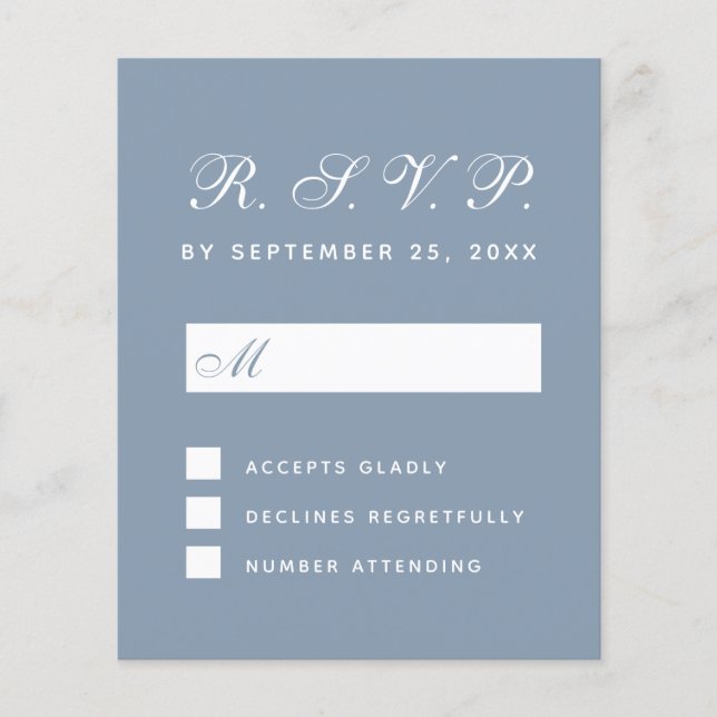 Budget RSVP Dusty Blue White Script Response Card (Front)